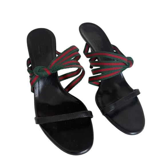 GUCCI Mirabelle Knotted Web Stripe Heels Black Leather Red Green Size 7.5 Luxury - Picture 1 of 8